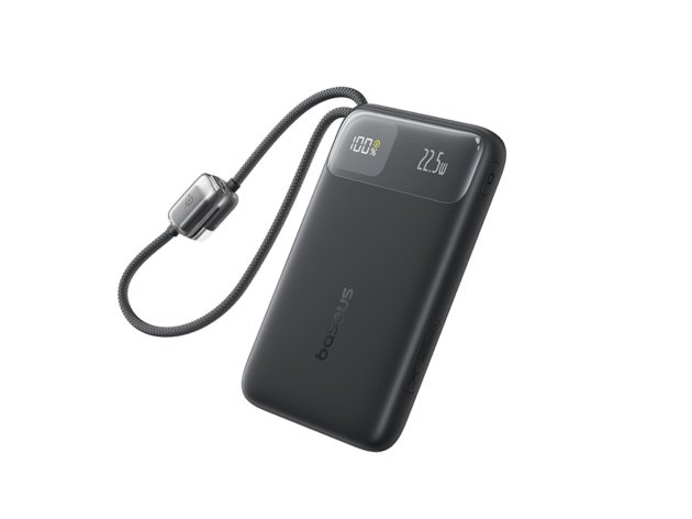 بنك الطاقة الرقمي للشاشة الرقمية Baseus EnerFill FC11 مع كابلات USB-C مدمجة مزدوجة 10000 مللي أمبير في الساعة 45 واط - أسود كوني