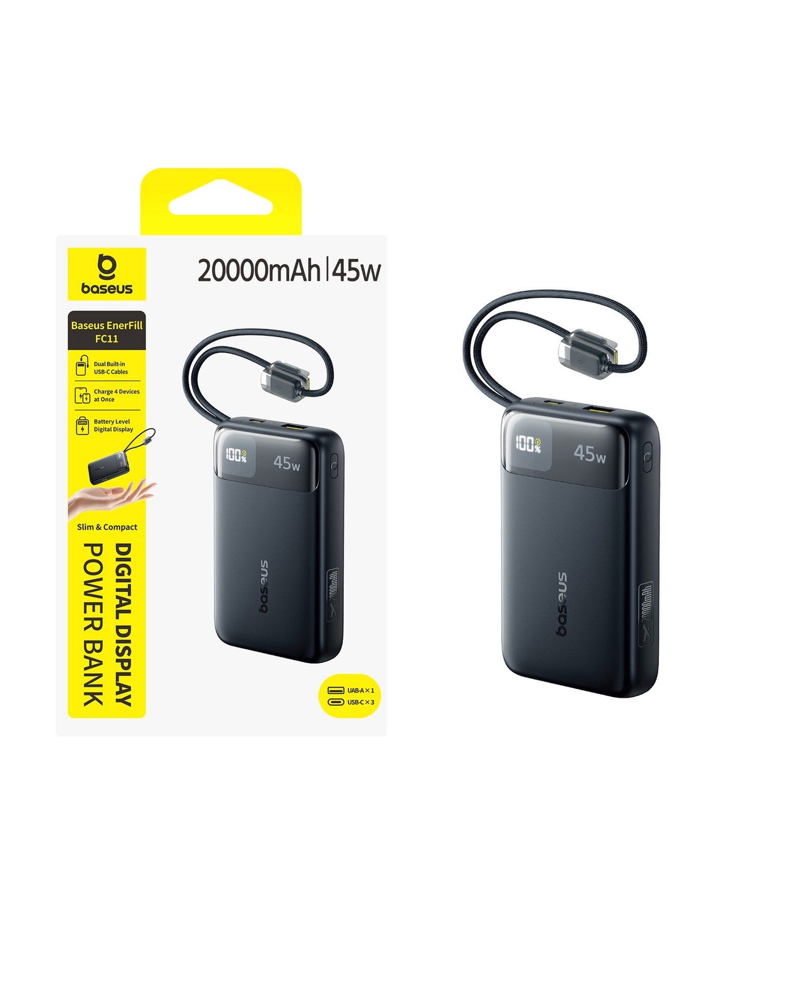 Baseus EnerFill FC11 Digital Display Power Bank with Dual Built-in USB-C Cables  20000mAh 45W - Cosmic Black gallery image