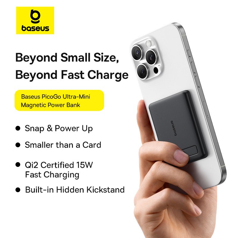 بنك الطاقة المغناطيسي Baseus PicoGo AM31 Qi2 Ultra-Mini مع Kickstand 5000mAh 20W - أسود كوني gallery image