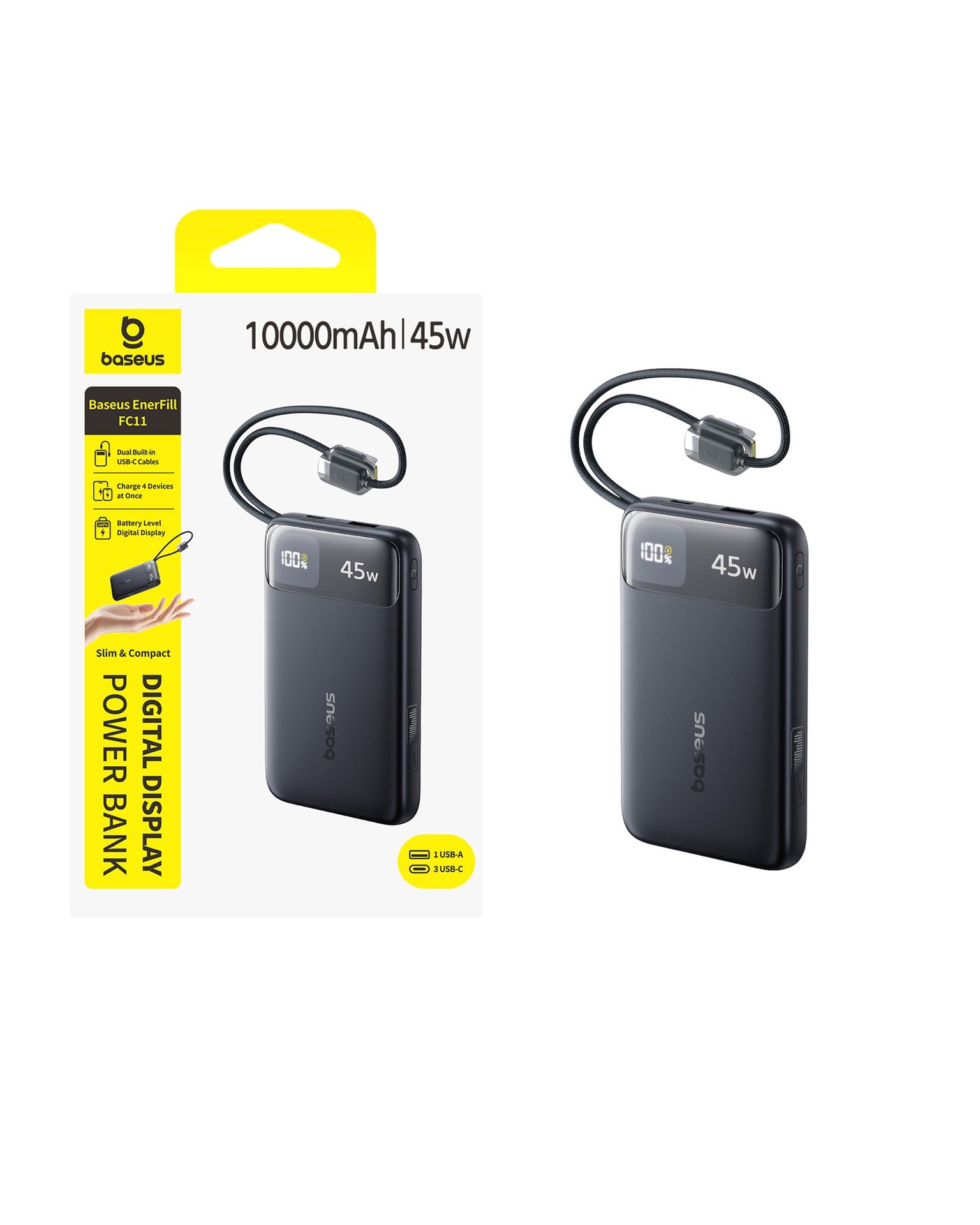 بنك الطاقة الرقمي للشاشة الرقمية Baseus EnerFill FC11 مع كابلات USB-C مدمجة مزدوجة 10000 مللي أمبير في الساعة 45 واط - أسود كوني gallery image